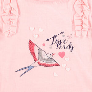 Tee-shirt manches longues en jersey avec oiseau brodé et ruchés 