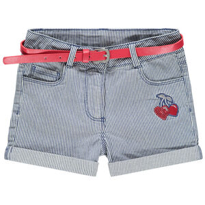 Short en jean à fines rayures et cerises en sequins 