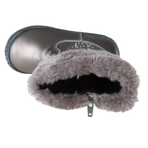 Bottes argentées en cuir avec col fausse fourrure et rivets 