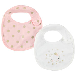 Lot de 2 bavoirs courts à pois dorés et motif chat printé doré 