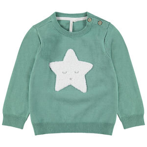 Pull en tricot avec motif fantaisie sur le devant et ouverture épaule 