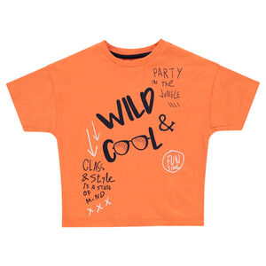 Tee-shirt manches courtes orange avec inscriptions printées 