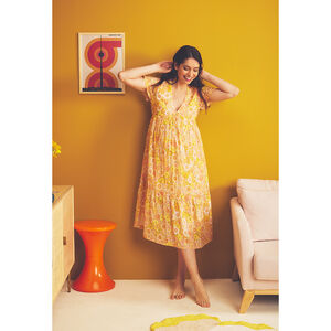 Robe manches courtes volantée imprimé rétro pour femme 