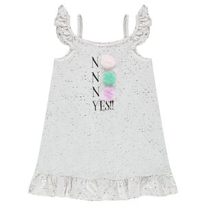 Tunique en maille effet neps avec inscription et pompons sur le devant 