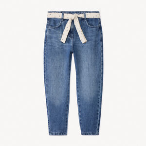 Jean en denim coupe mom fit avec ceinture foulard fantaisie fille 