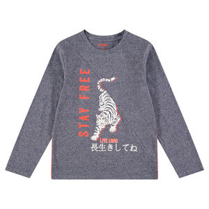 Junior - Tee-shirt manches longues en jersey chiné avec tigre et textes printés 