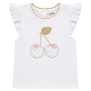 Tee-shirt manches courtes volantées avec cerises brodées et sequins 