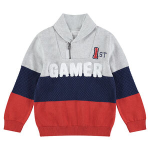 Pull tricolore avec col zippé et inscription en bouclette 