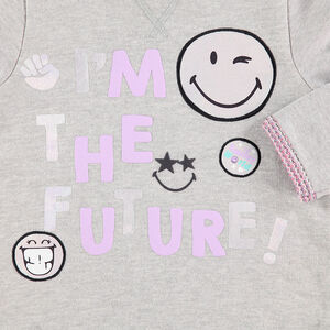 Sweat en molleton gris chiné avec message et prints Smiley 