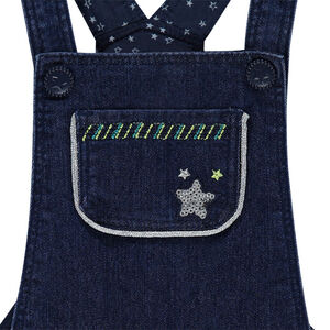 Salopette short en jeans avec étoile en sequins argentés 