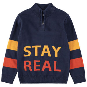 Junior - Pull en tricot avec inscriptions en jacquard et col zippé 