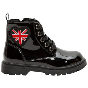 Bottillons vernis avec badge coeur motif drapeau Londonien 