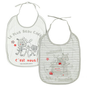 Lot de 2 bavoirs uni/rayé avec animaux printés 