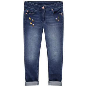 Jean slim effet used à broderies florales 