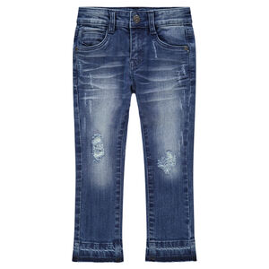 Jeans effet used et crinkle avec usures et inscription printée au dos 