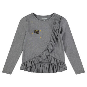 Tee-shirt manches longues en jersey avec volants et badge fantaisie 