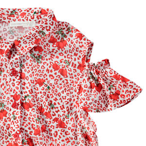 Chemisier à épaules ajourées imprimé léopard et cerises all-over 