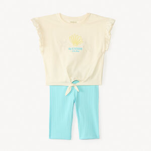 Ensemble 2 pièces t-shirt + cycliste broderie coquillages fille 