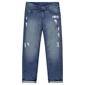 Junior - Jeans boyfriend avec badges et déchirures fantaisie 