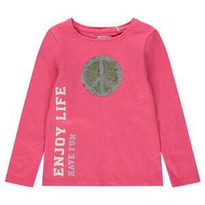 Tee-shirt manches longues en jersey avec message printé et motif en sequins magiques 