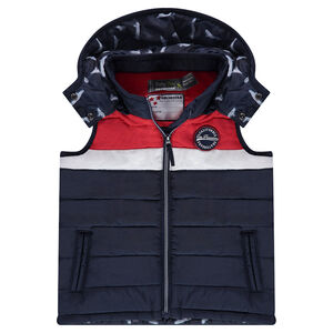 Doudoune sans manches matelassée avec capuche amovible et badge patché 