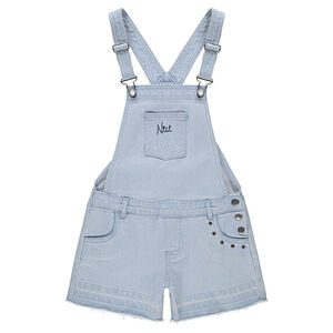 Salopette-short en jeans effet used avec rivets fantaisie 