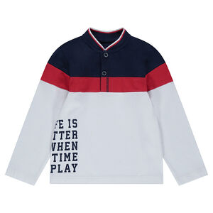 Polo manches longues en coton piqué avec bandes contrastées et poche 