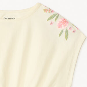 T-shirt manches courtes oversize crop top avec fleurs brodées fille 