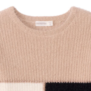 Pull manches longues en tricot pelucheux tricolore fille 