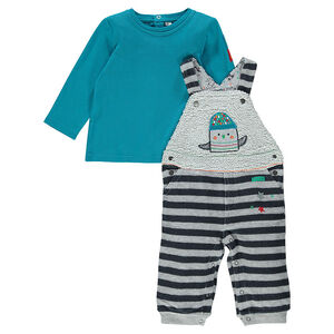 Ensemble tee-shirt manches longues et salopette avec animal brodé 