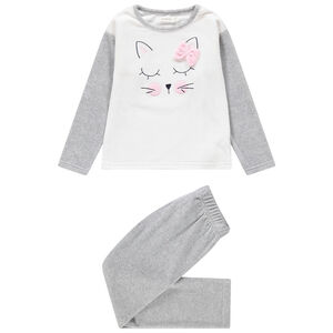 Pyjama en velours avec chat brodé et noeud 
