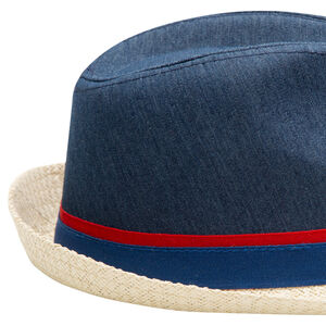 Borsalino bi-matière en jeans et effet paille avec galon bicolore 