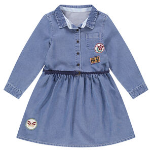 Robe manches longues en denim avec ceinture tressée et badges 