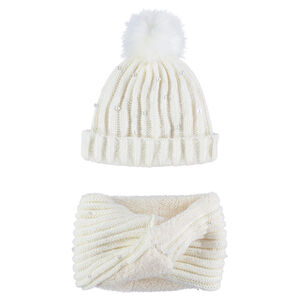 Junior - Ensemble bonnet et snood en tricot doublés sherpa avec perles fantaisie 
