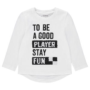 Tee-shirt manches longues en jersey avec message printé + sequins magiques 