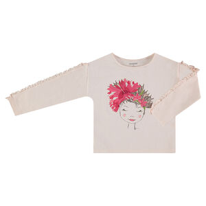 Tee-shirt manches longues volantées avec print fantaisie 