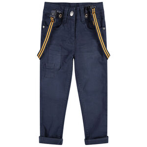 Pantalon en coton surteint effet crinkle avec bretelles rayées amovibles 