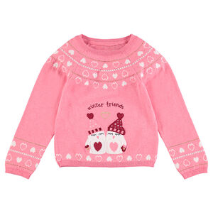 Pull de Noël en tricot avec coeurs en jacquard et pingouins brodés 