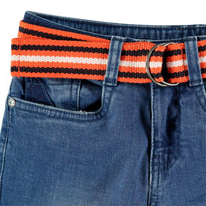 Jean effet used à empiècements et ceinture rayé amovible 