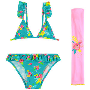 Maillot de bain 2 pièces imprimé fleuri + paréo rose fille 