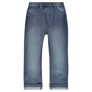 Jeans coupe droite effet délavé à taille élastiquée. 