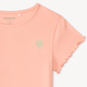 T-shirt manches courtes en maille côtelée uni broderie cœur fille 