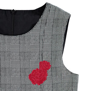 Robe sans manches à carreaux Prince de Galles avec fleurs brodées 