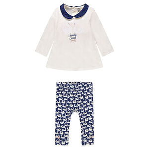 Ensemble tunique à col claudine et print cygnes et legging imprimé 