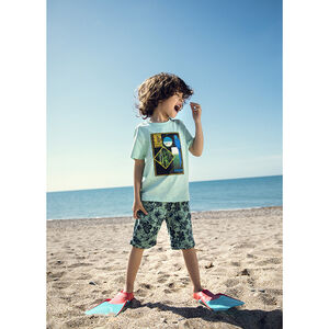 T-shirt manches courtes bleu à motif esprit jungle 