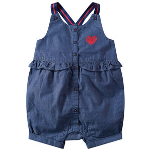 Combinaison courte en chambray avec volants et coeur printé 