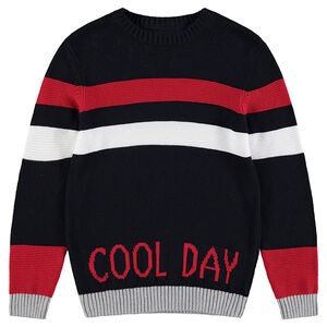Junior - Pull en tricot avec bandes et inscription en jacquard 