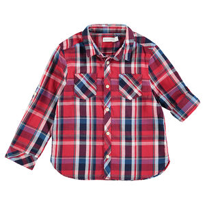 Chemise manches longues rouge à grand carreaux avec poches 
