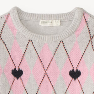 Pull fille en jacquard à losanges et cœurs 