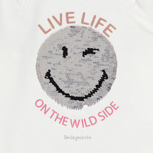 T-shirt manches longues volanté en jersey avec Smiley en sequins magiques 
